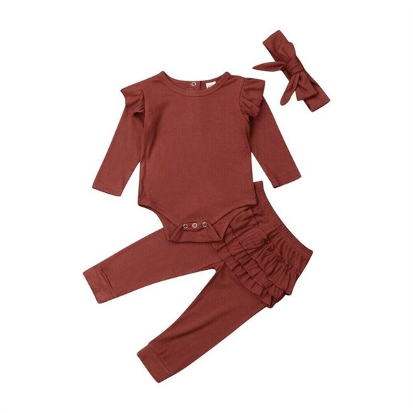 Remake Other - Baby Girl New 18 Months Ruffled Deep Red 3 Piece Pant Romper and Bow Outfit 18M